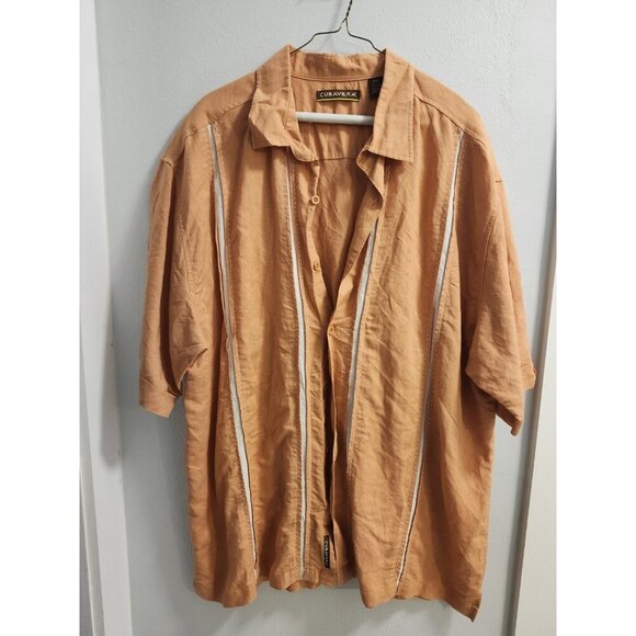 Linen & Rayon Cubavera Men 2XL Peach Color Embroidery Short Sleeve Button Shirt - Picture 1 of 10